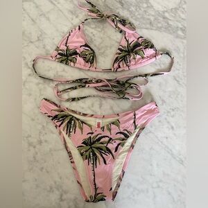 Solid and striped pink with palm tree bikini like new!